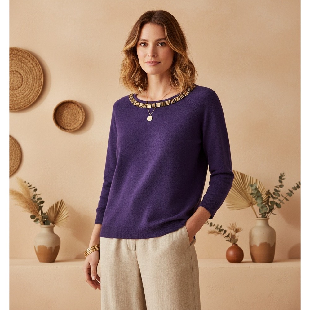 Jaclyn‎ Smith L Purple Beaded Sweater Boho Cottage Indie Artsy Casual Eclectic